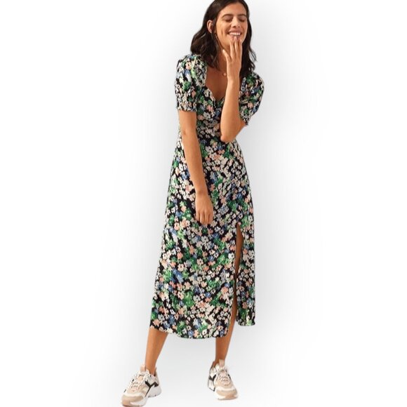 H&M Midi Dress Size Small Black Florals Side Slit Sweetheart Neckline - Picture 14 of 14